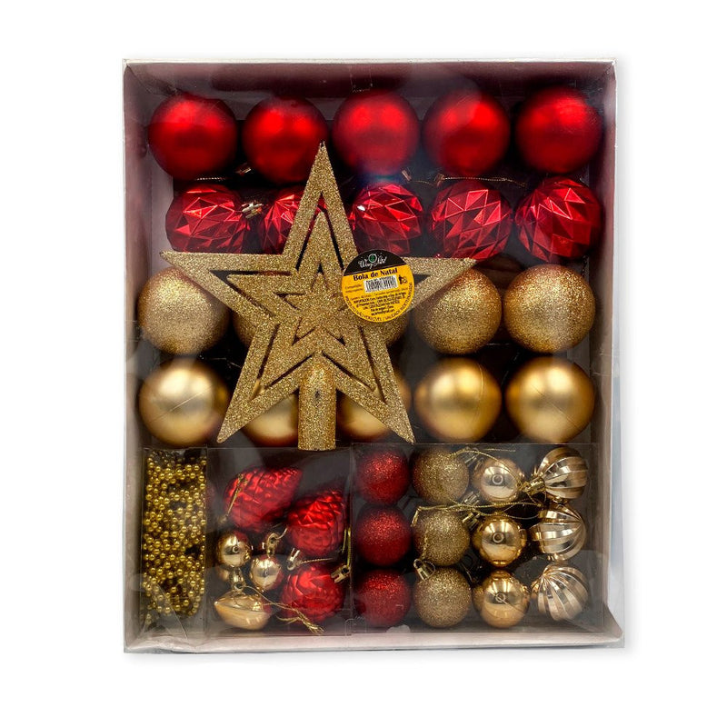 Kit Enfeites de Natal Bolas Estrela Dourado e Vermelho Completo