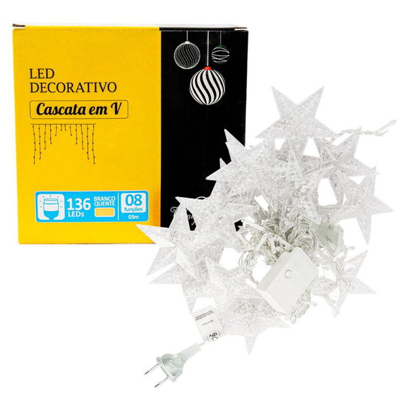 Cascata em V Estrela Natal 3 Metros 8 Funções 136 LEDs Branco Quente 110v