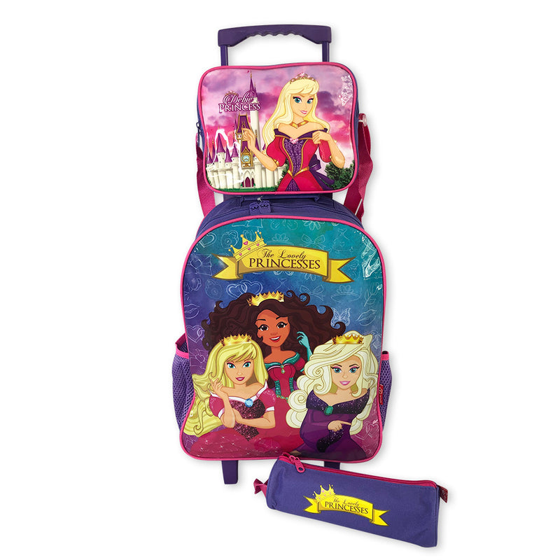 Kit Mochila Infantil Escolar com 3 peças Princesas Roxa