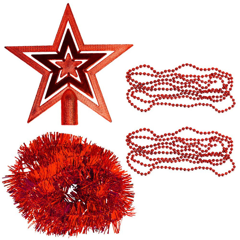 Kit com 44 Peças de Enfeite Natalino com Estrela, Bolinhas, Festão e Cordão de Pérolas - Vermelho