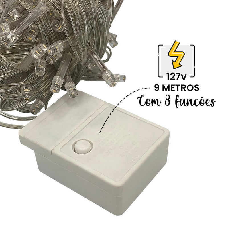 Varal LED 100 Luzes Pisca-Pisca Fio com 8 Funções 127v - Branco Quente